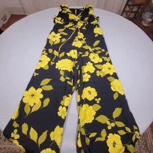 Eva Mendes New York & Company Jumpsuit Size 16 Black Yellow Wide Leg Floral‎